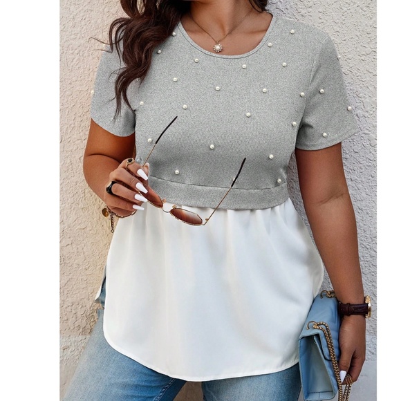 Tops - Plus 2 in 1 Color Block Faux Pearl Blouse